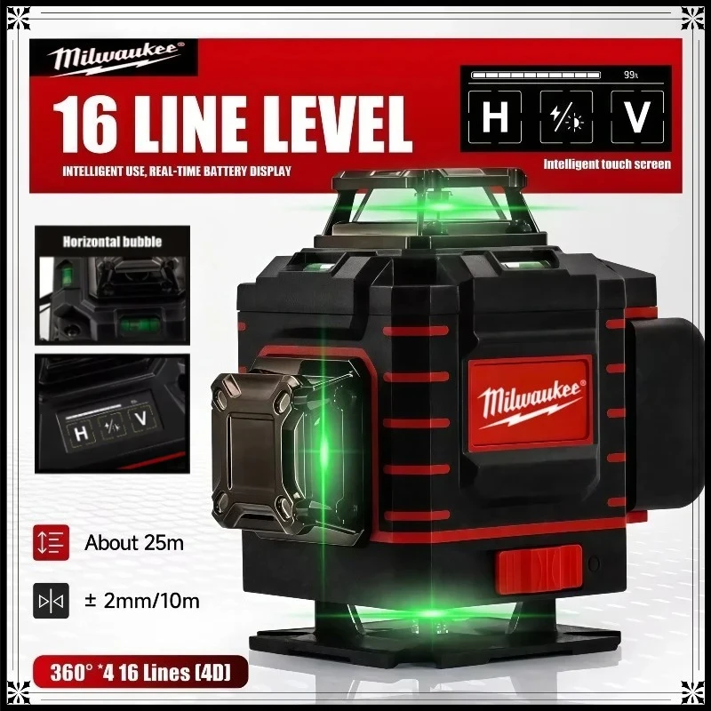 

Milwaukee Self-leveling Green Laser Levels 4 Sides 360° Degree Vertical 4.2V 3-4D Cross Laser Level 16 Lines With Battery