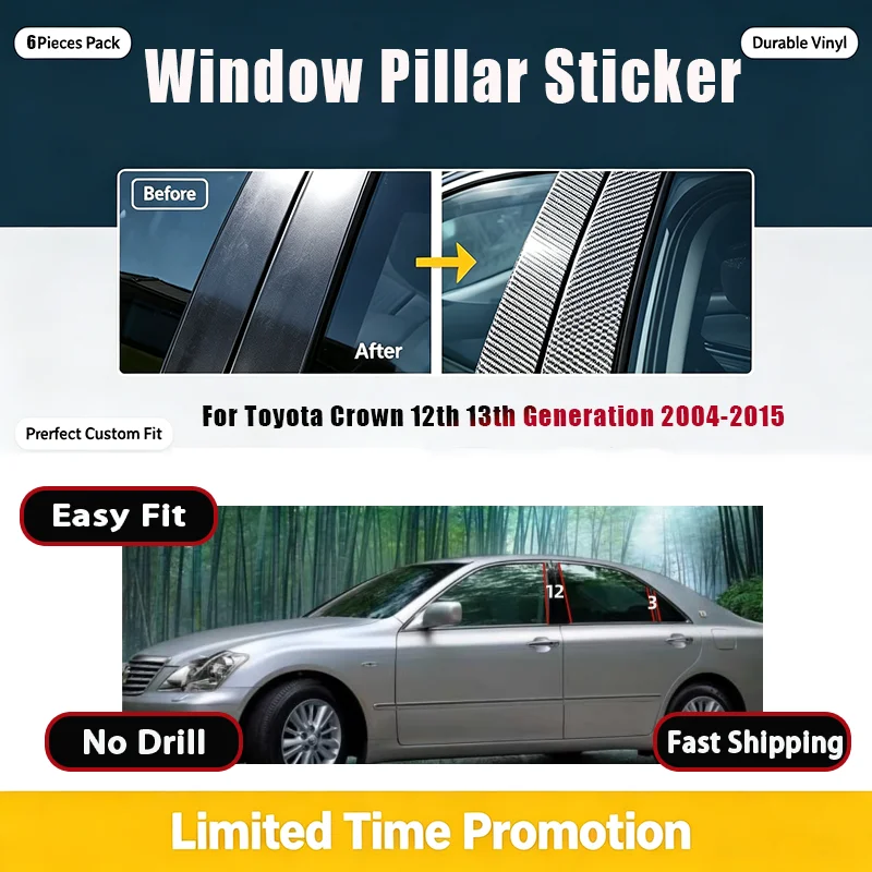 For Toyota Crown 12th 13th Generation 2004-2015 Bright Black Center Pillar Trim Sticker Door Window