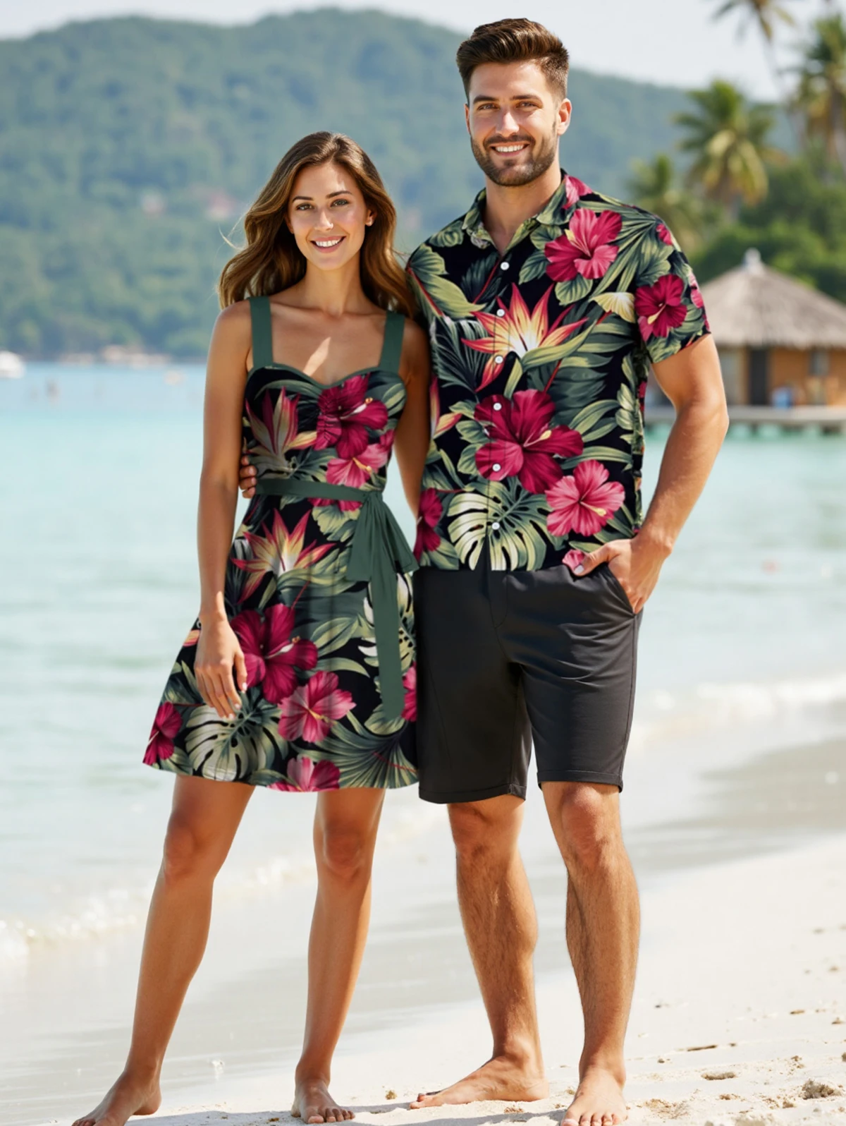 Dressfo Vacation Couple Outfit Tropical Floral Leaf Pattern Ruched Bust Belt Dress and Button Up Shirt Hawaii Matching Outfit