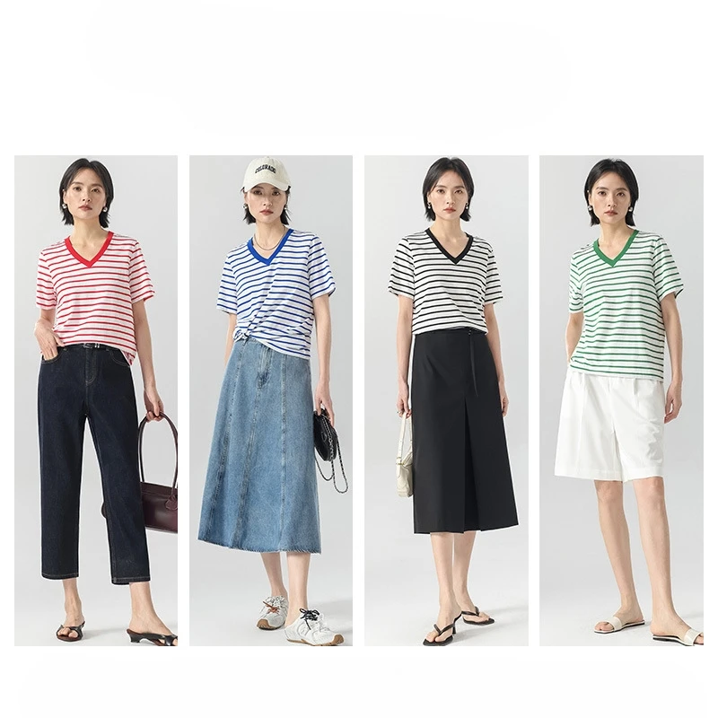 Spring and Summer New Basic Short Sleeved Top Contrasting Color  Thin Clothing Version Slimming Temperament Loose Fit T-shirt