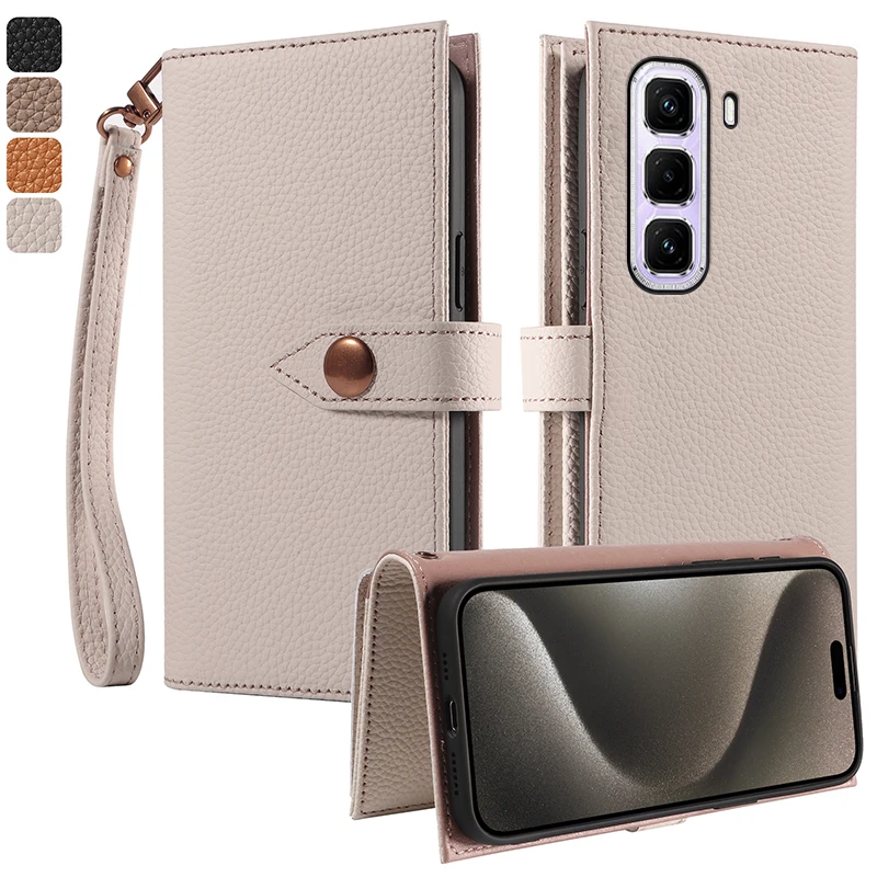 

Многофункциональный чехол-бумажник из 100% натуральной кожи с отделением для карт для Infinix Hot 50 Pro + Pro 50i 4G, противоударный чехол с магнитной кожей