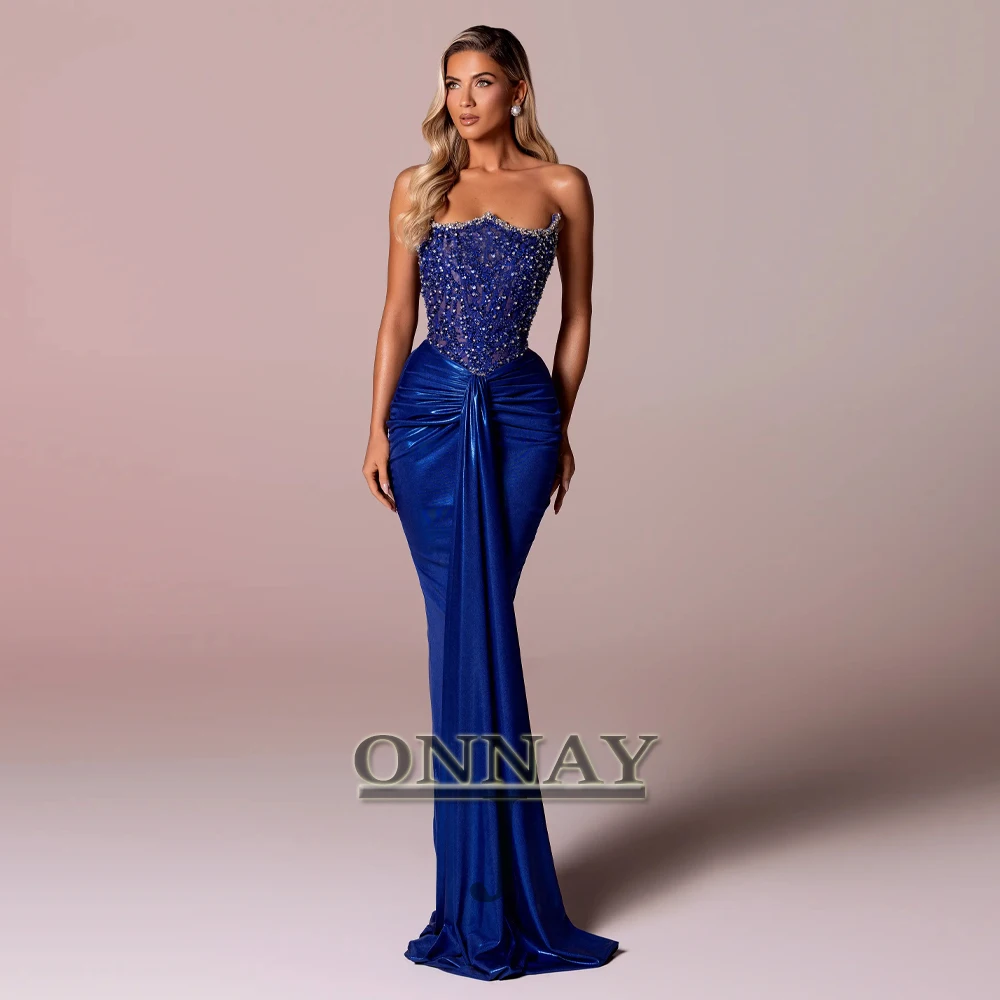 ชุดราตรีหนังสีน้ำเงินรอยัลแบบสั่งตัด W1025 ประดับลูกไม้คริสตัลสไตล์เมอร์เมด ดูไบ ซาอุดีอาระเบีย ชุดราตรีสำหรับงานเลี้ยง ไซส์พลัส