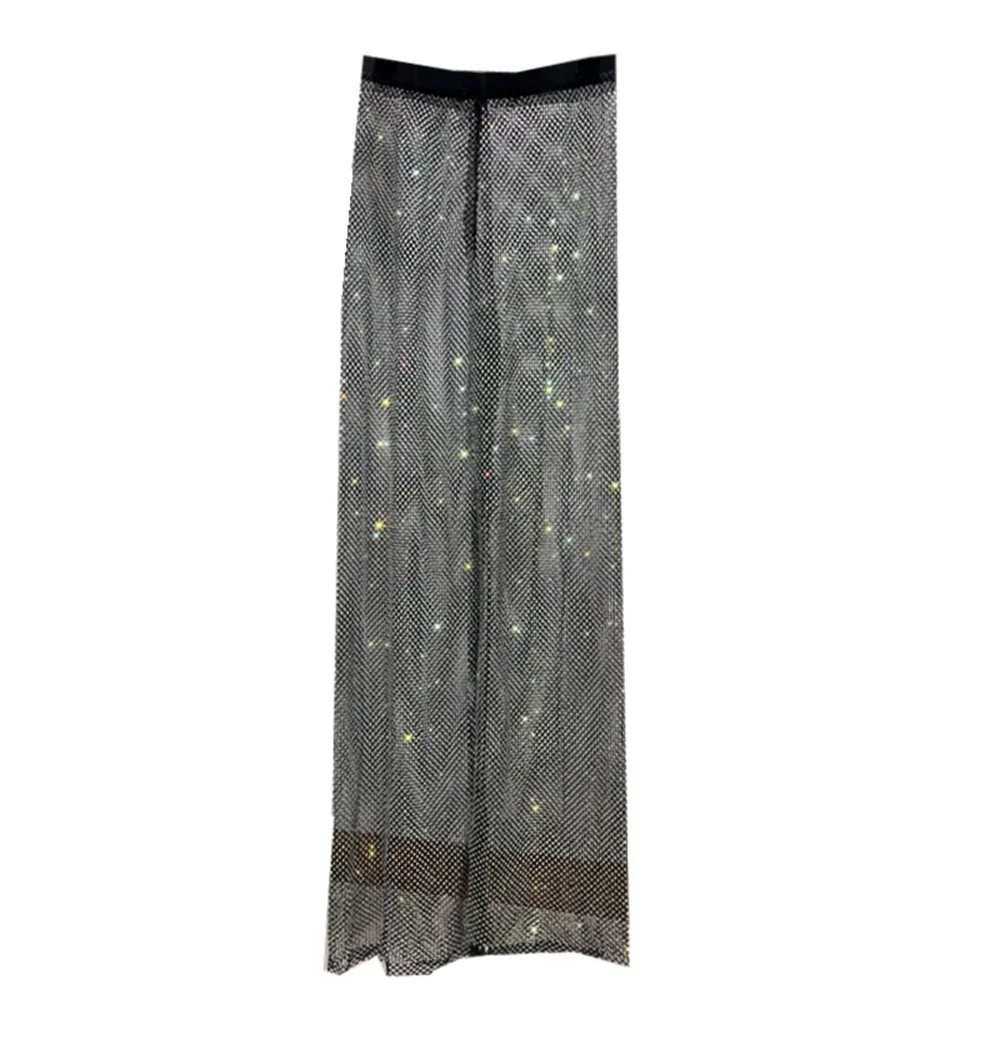 Sexy Colorful Diamonds Beaded Mesh Hollow Wide Legs Pants Fishing Net Rhinestones Trousers Sparkling Elastic Waist Pantalones