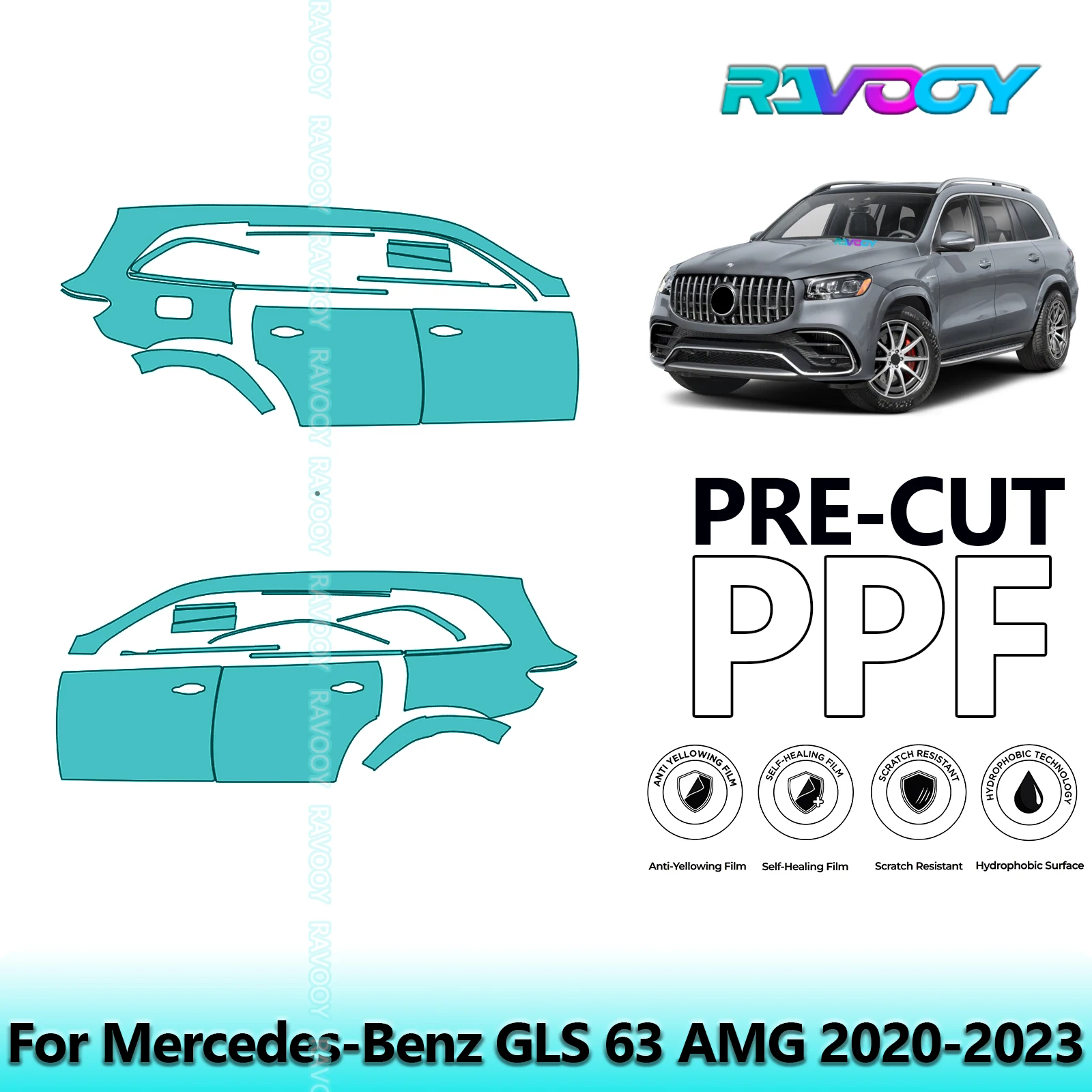 

For Mercedes-Benz GLS 63 AMG 2020-2023 8.5mil Clear Matte Pre-Cut PPF Door & A/B Pillar Kit TPU Paint Protection Film Set