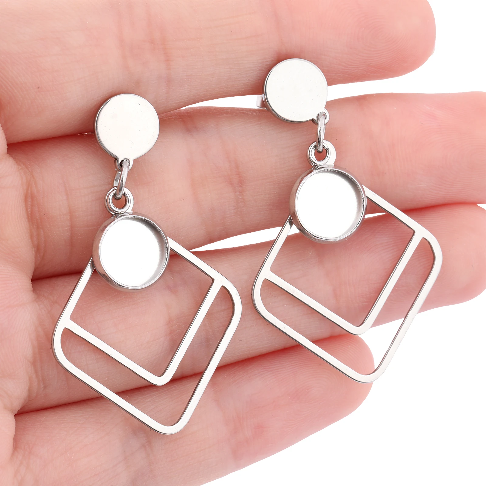 6pcs Stainless Steel Double Square Hoop Earring Base Blanks Fit 8mm Cabohon Bezel Settings Diy Post Earrings Studs Findings