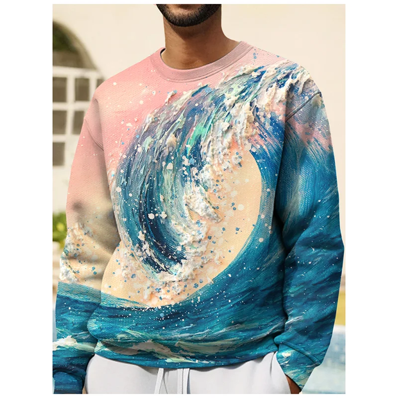 3D Print Japanese Ukiyoe Wave Hoodie For Men Devil Fish Jellyfish Graphic Sweatshirt Casual O-Neck Pullover Hoodies Long Sleeves