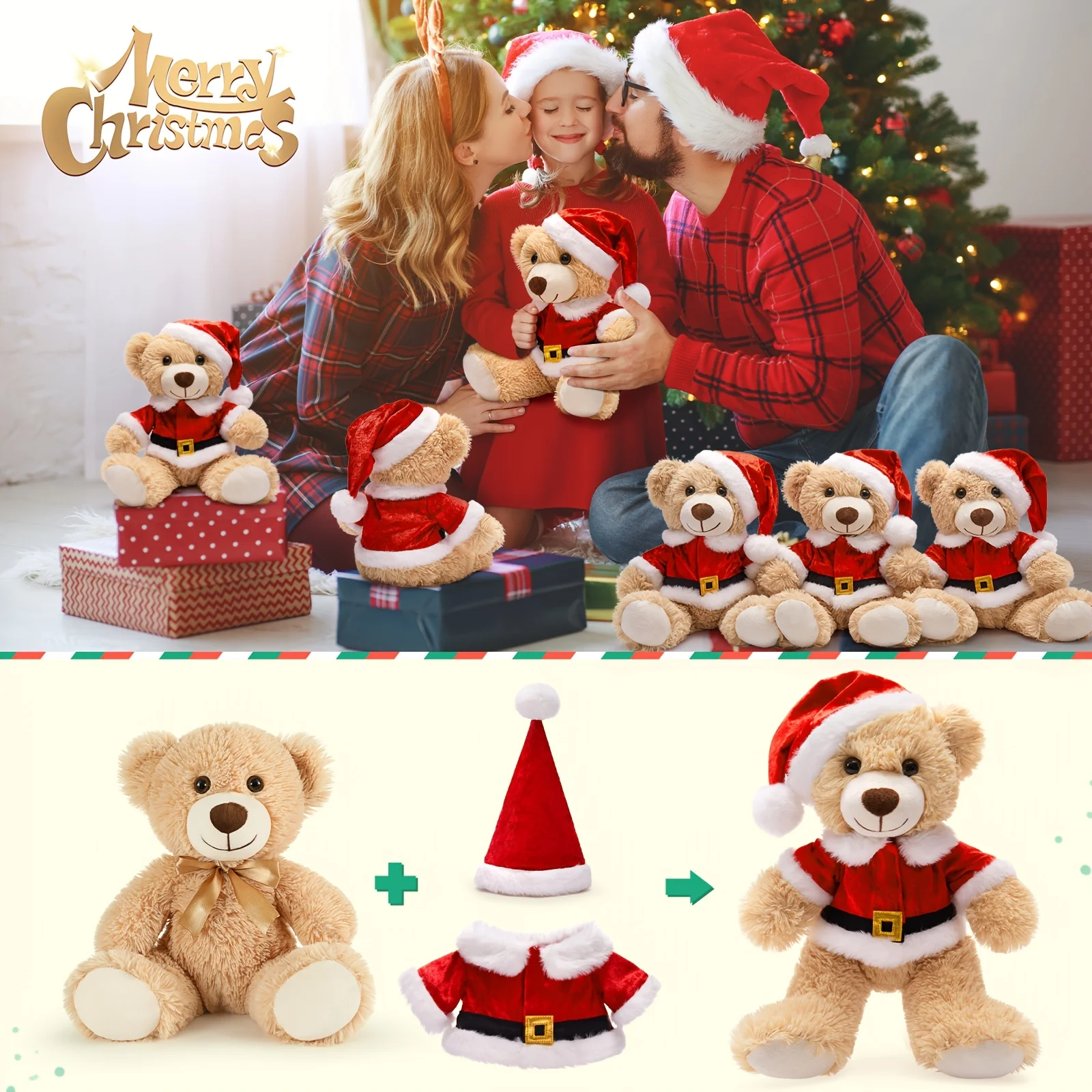 Ours en peluche marron clair en fibre de polyester avec tenue de père Noël, animal en peluche de Noël, cadeau pour 3 ans et plus, 13.8 po