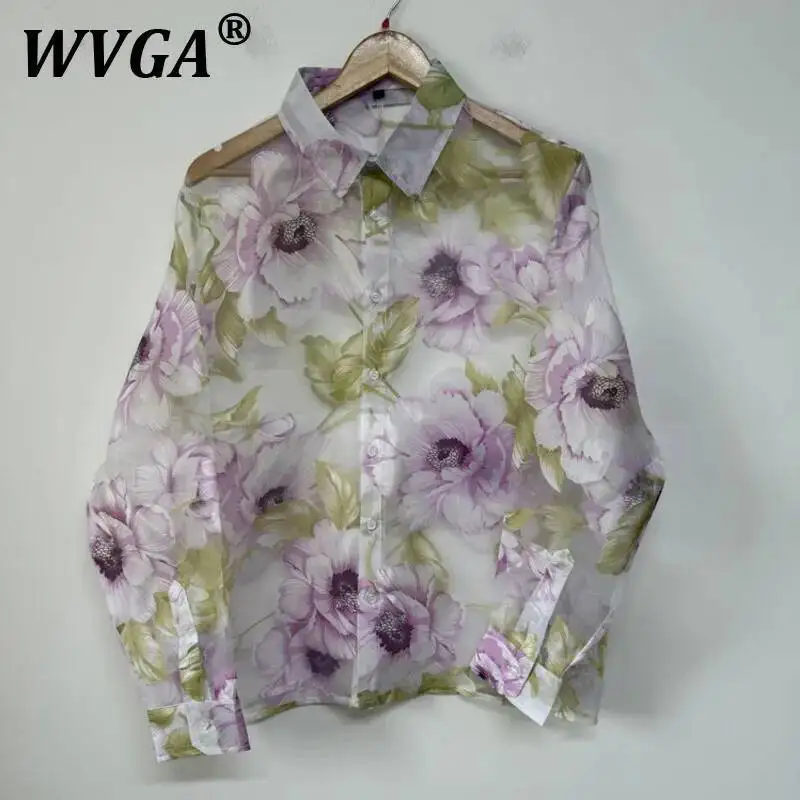 

WVGA Spring Summer New Man High Street Organza Printed Sheer Layered Design Long Sleeve Shirts Niche Chic Casual Shirt Ins W8596