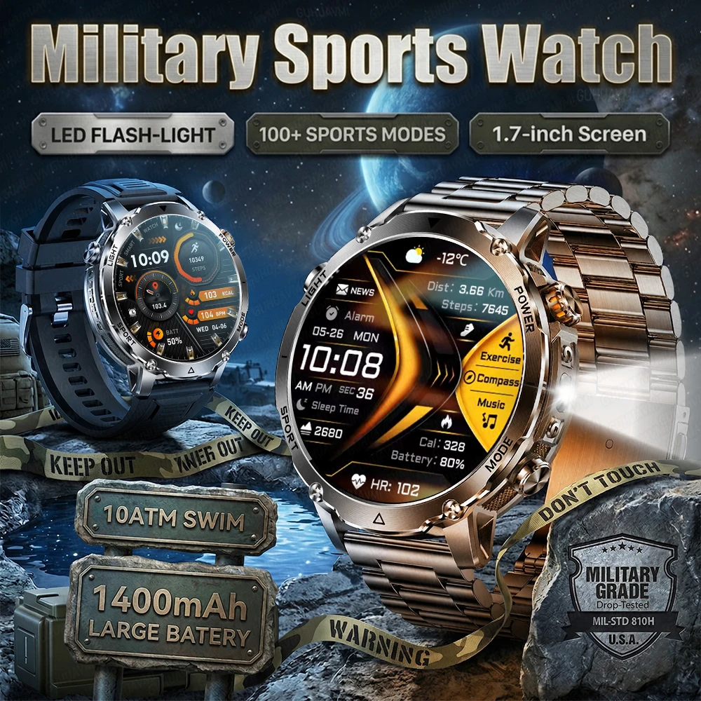 

Military Garde Sports Smart Watch 1400mAh Battery LED Flashlight IP69K Waterproof Compass 1.7" AMOLED 2026New Smartwatch HD Call