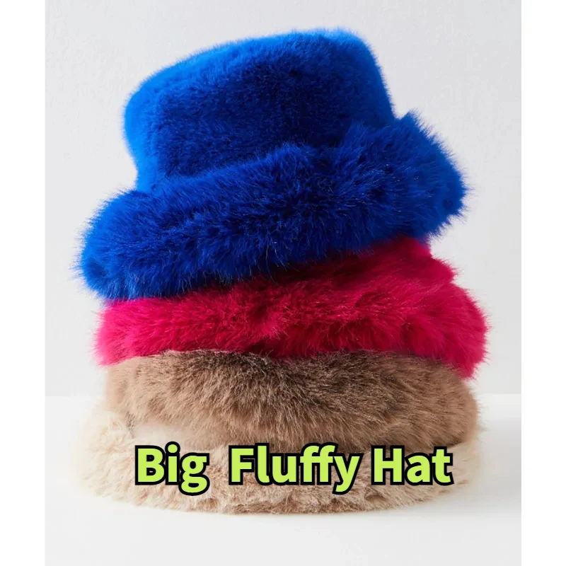 Fluffy Fuzzy Luxury Faux Fur  Bucket Hat Bright Pink Hat Quilted Lining    Soft Warm Cozy Winter Hat for Woman Fashion