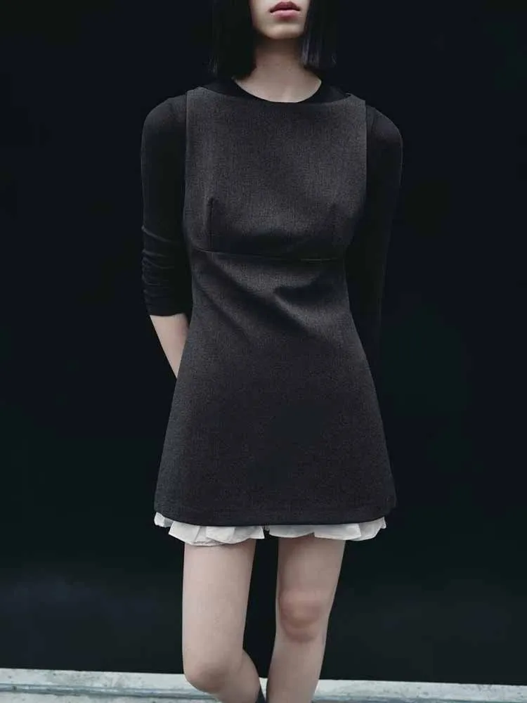 Estilo europeu e americano inverno nova moda simples roupas femininas sem mangas versátil em camadas vestido curto decorativo