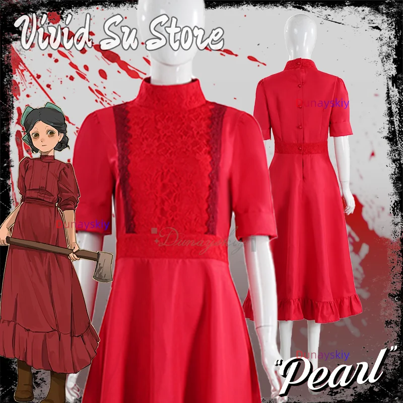 

Horror Movie Pearl Cosplay Costume Red Lace Women Dresses Halloween Party Clothes Role Play Thriller Costume Carnival