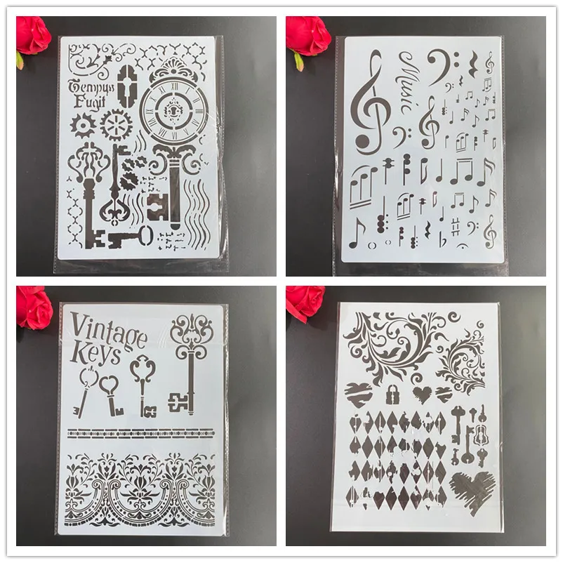 

4pcs / set A4 Mandala key Stencils Painting Coloring Embossing Scrapbook Album Decorative Template stencil CN(Origin)