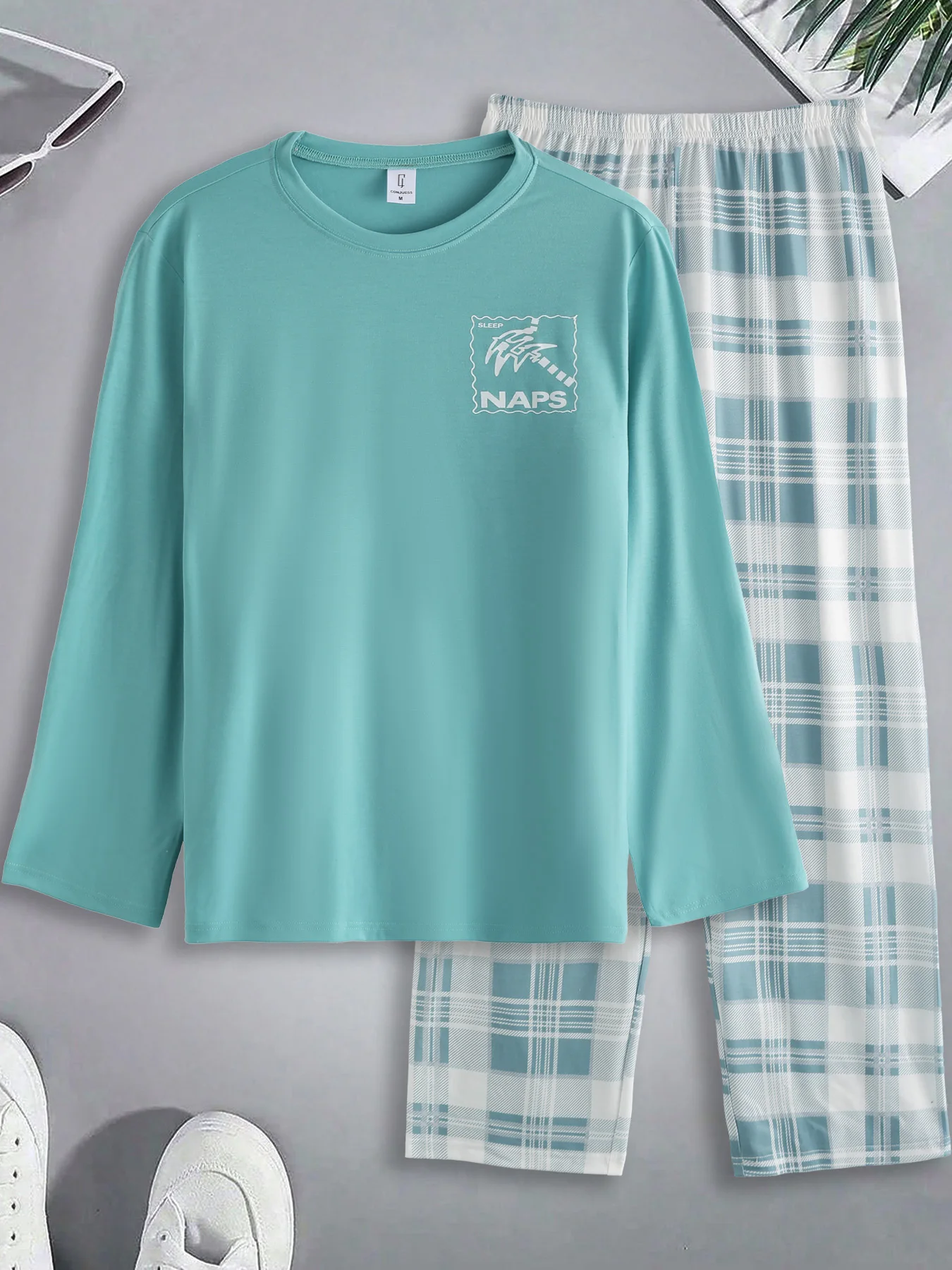 

Men's Teal Letter Print Loungewear Set 2 Piece Long Sleeve T-Shirt & Plaid Pants Casual Outfit