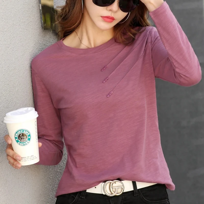 

GELITAYIN Fashion O-neck Long Sleeve T-shirt Women Casual Loose Cotton Woman T Shirt Autumn Solid Office Lady White Tee Tops Clo