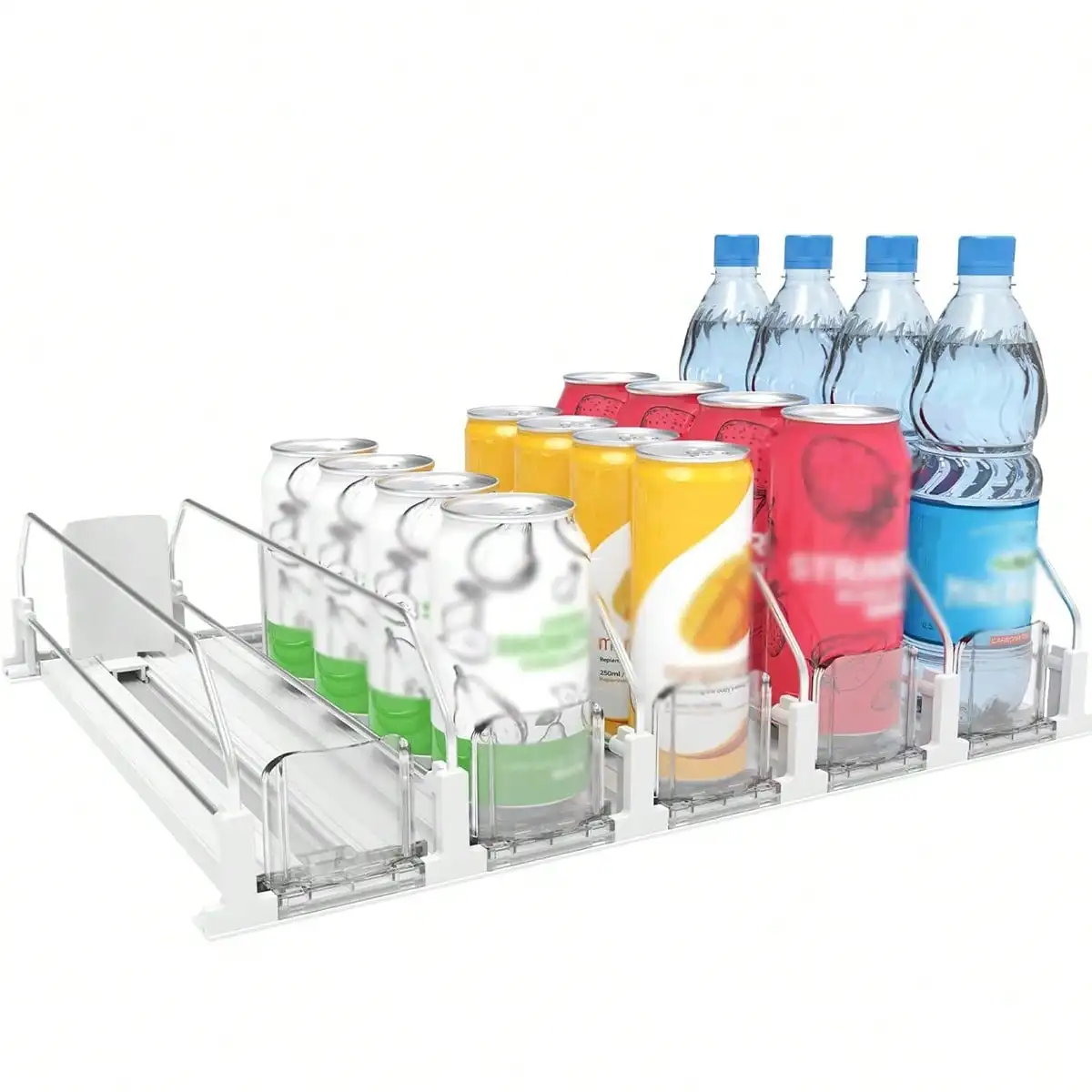 Drink Dispenser For Fridge Modern White Clear Soda Can Organizer Spring Loaded Pusher Glide Beverage Storage Rack Holder Stainless Steel Wire Dividers For Refrigerator Cabinet Pantry Countertop Housewarming Gift