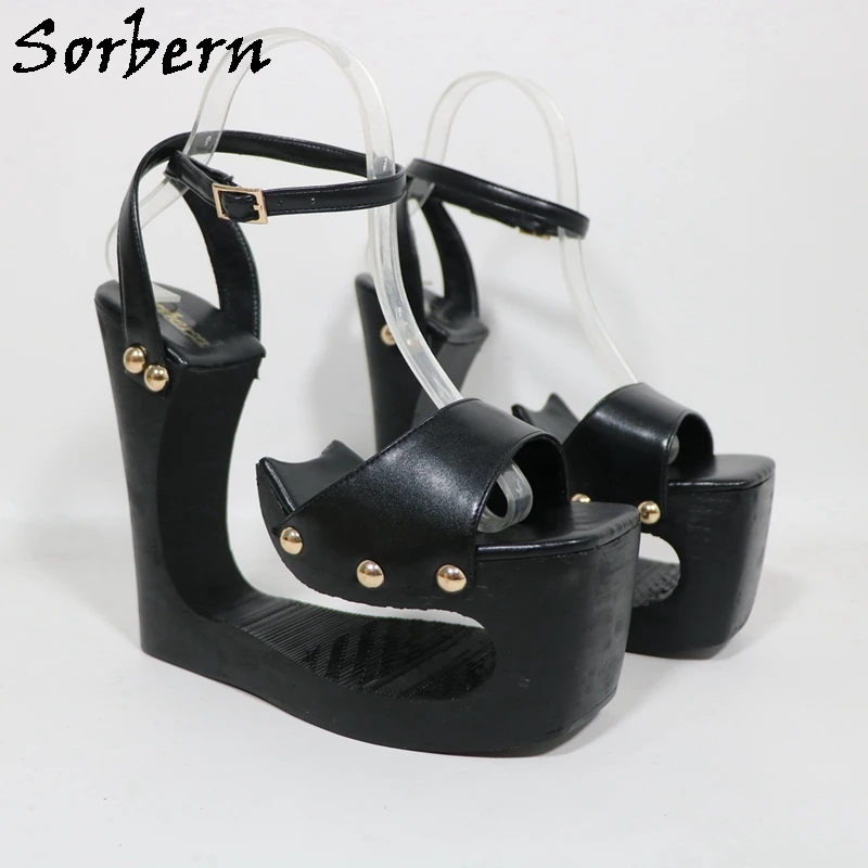 Sorbern الأسود الجوف خارج إسفين النساء الصنادل Slingback أحذية الصيف إسفين عالية الكعب مخصص الألوان الذهب المسامير #3