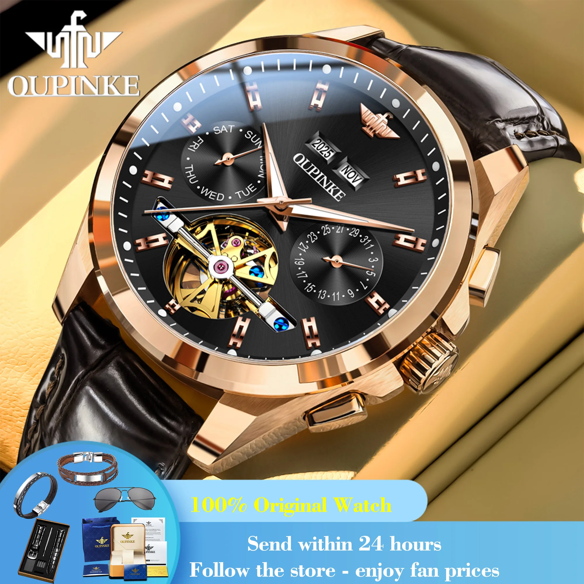 

OUPINKE 3291 Man Watch Hollow Skeleton Mechanical Watch For Men Synthetic Sapphire Mirror Waterproof Date Automatic Wristwatch