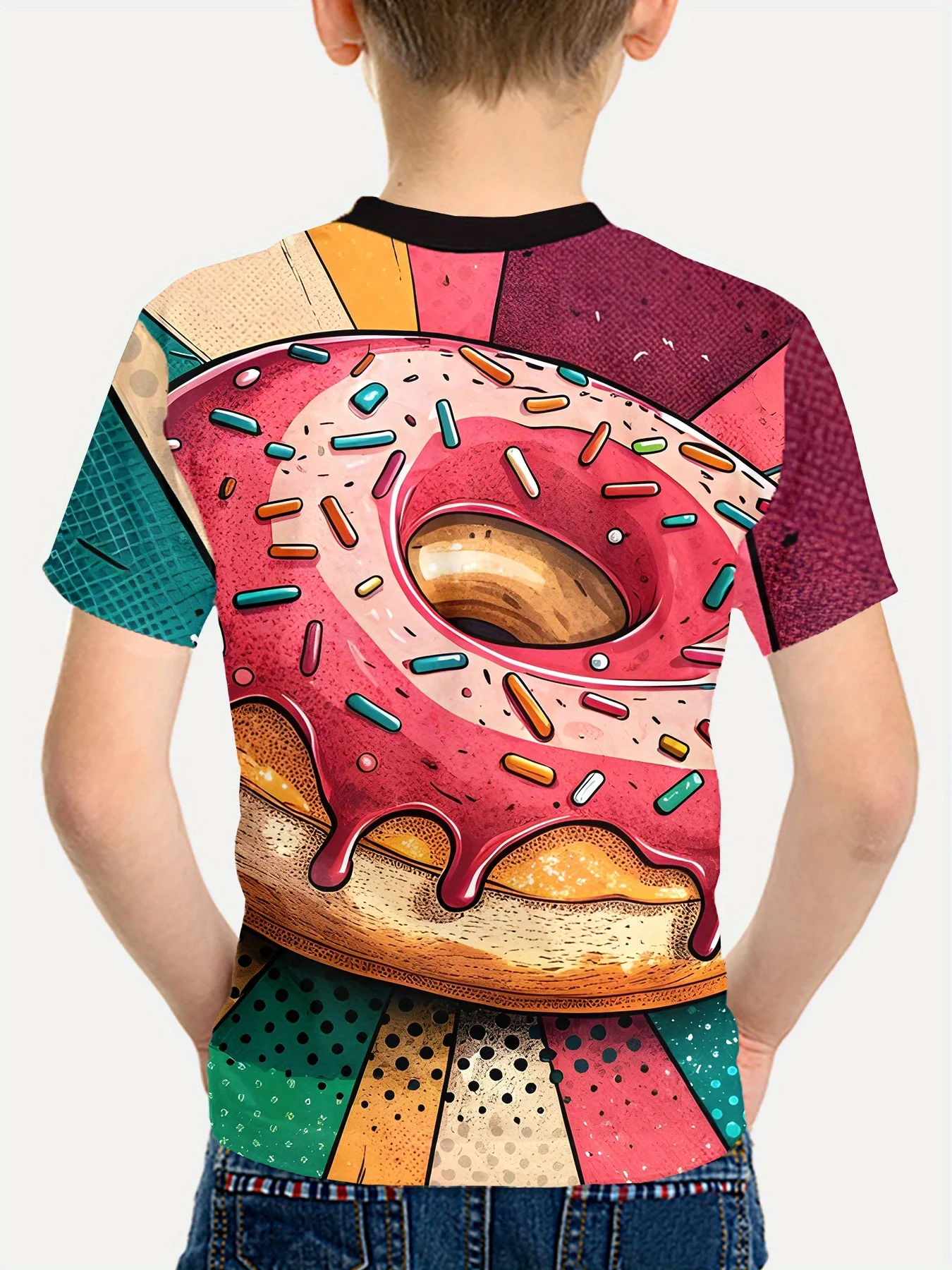 Colorful Donut Print Kids T-Shirt, Boys Girls Cartoon Doughnut Graphic Short Sleeve Crew Neck Summer Casual Tops