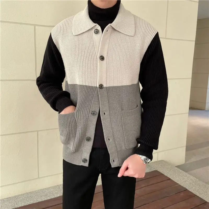 Fashion Lapel Button Pockets Spliced Casual Color Cardigan Sweaters Men\'s Clothing 2024 Spring New Loose Knitted All-match Tops