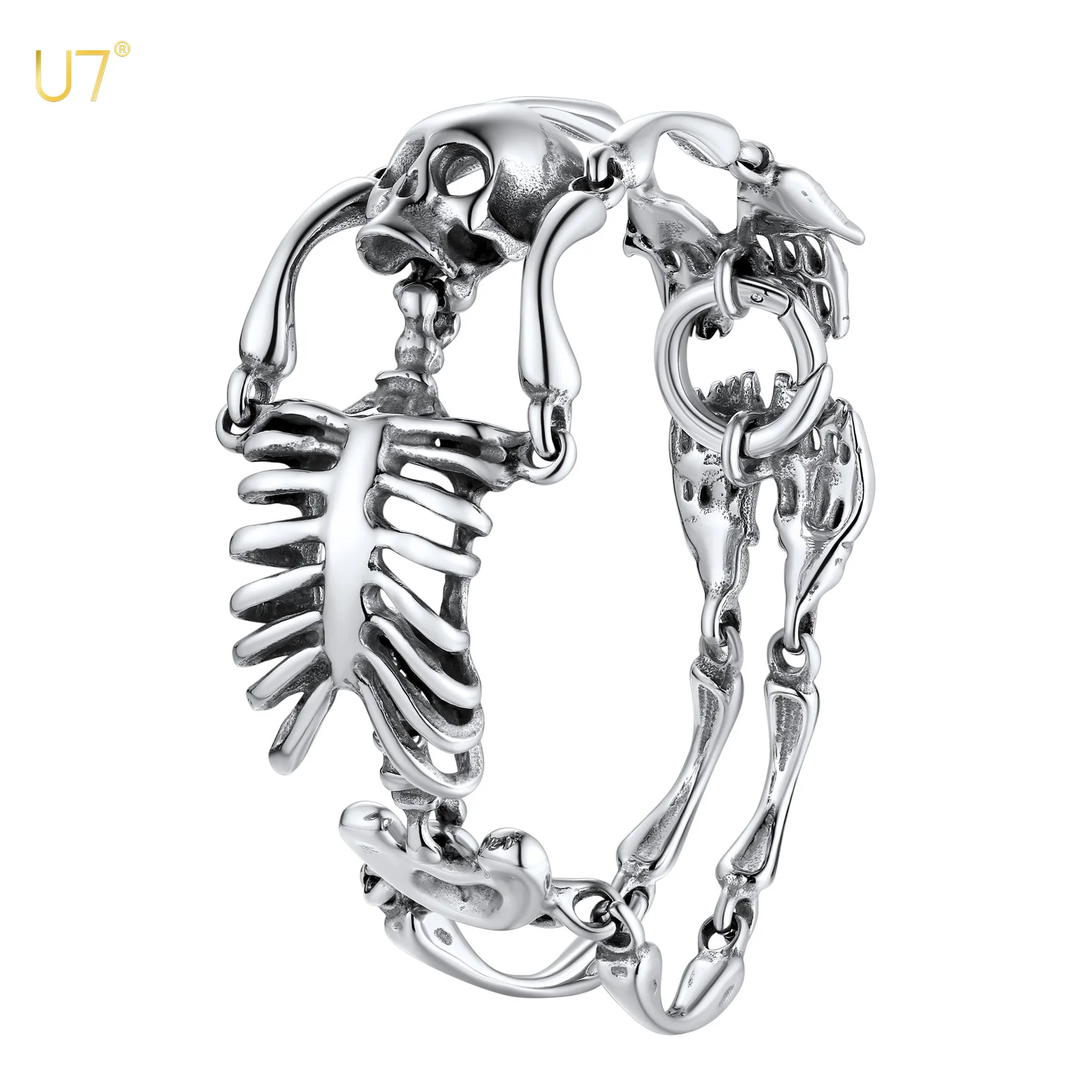 U7 Stainless Steel Gothic Skull Bracelet for Men Steampunk Heavy Skeleton Wristband Chains Halloween Party Accessories