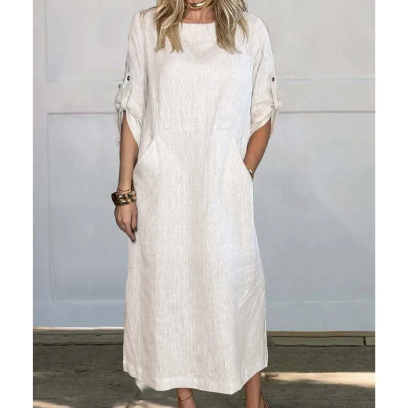 

Spring Summer Cotton Linen Midi Dress 2025 Women O-neck Short Sleeve Pockets Loose Dresses Female Casual Trendy Ladies Clothes