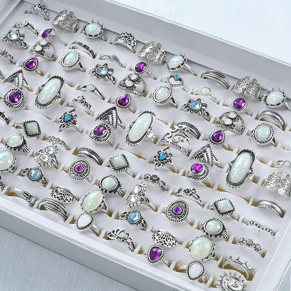 10/20/30/50Pieces Bohemian Retro Turquoise Rings Set For Women Mix Style Vintage White Stone Jewelry Party Gifts