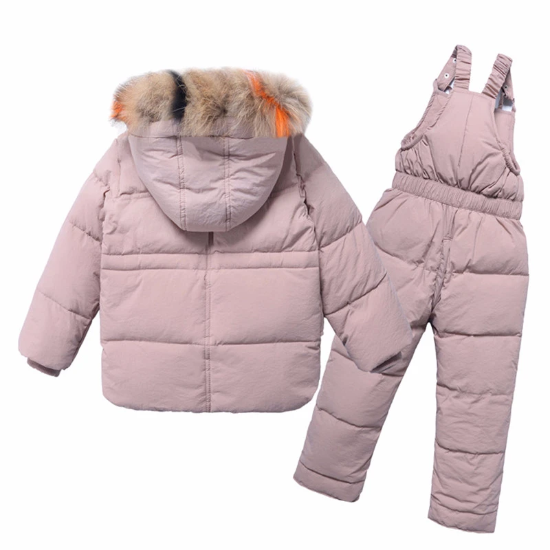 2023 New Winter 2 3 4 6 8 Years Fur Hooded Jacket+Overalls Suit 2Pcs Duck Down Children Clothing Set for Baby Kids Girls Boys