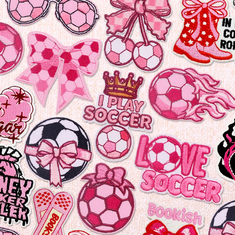 Pink Girly Soccer Bow Iron On Patches for Clothing, Football Cherry Crown Cowboy Boot Embroidery Patches on Clothes DIY Decor