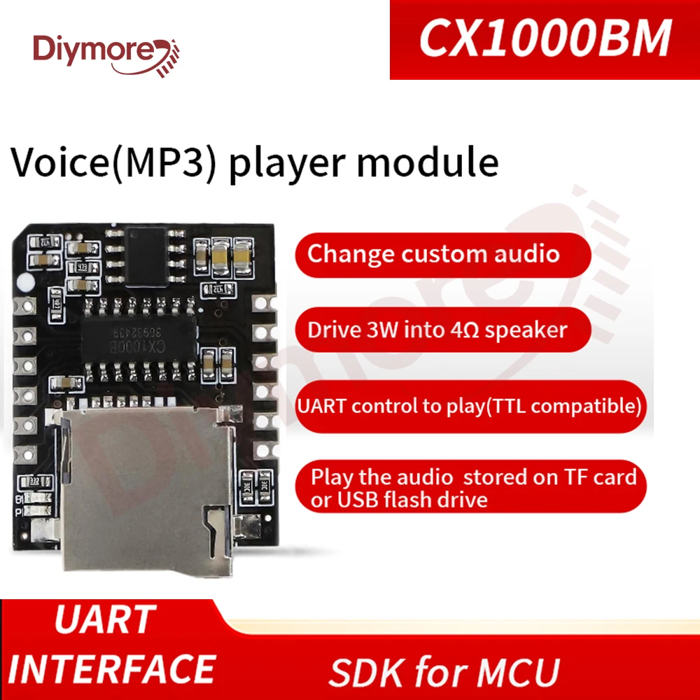 CX1000BM Serial Port MP3 Voice Chip Module Voice Broadcast Custom Audio Module Supports TF Card DC3.3~5.2V