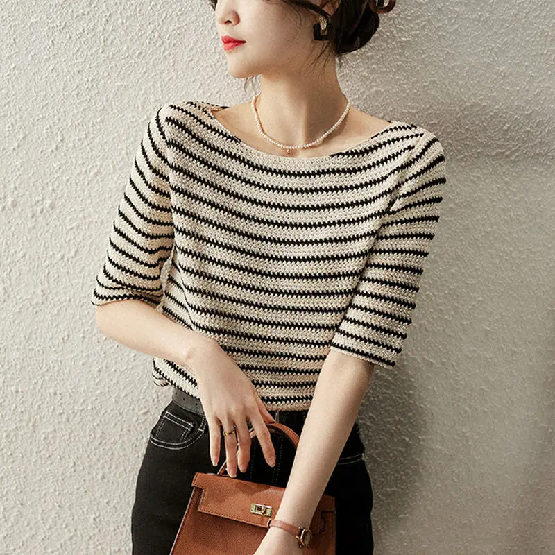 Fashion Slash Neck All-match Knitted Striped Blouse Women\'s Clothing 2023 Spring New Casual Pullovers Half Sleeve Korean Shirt