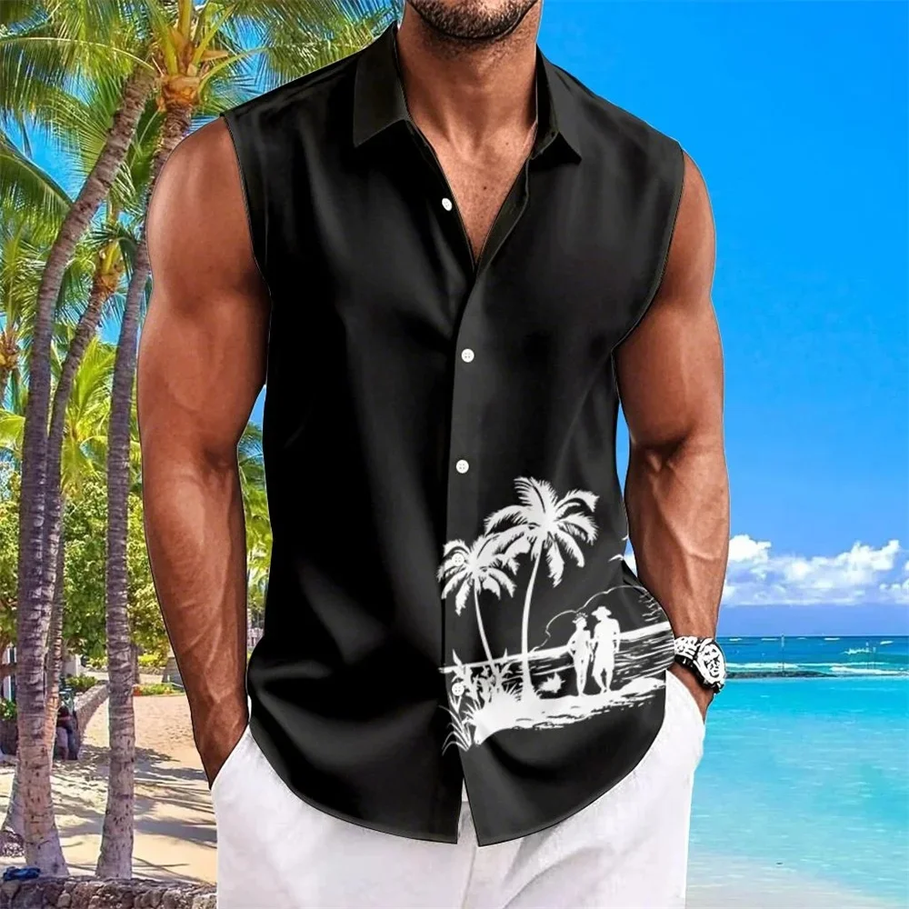 Hawaiian Shirts For Men Coconut Tree Print Simple Fashion Men Clothing Oversized Shirts Sleeveless Top Lapel T-Shirt Men's Shirt