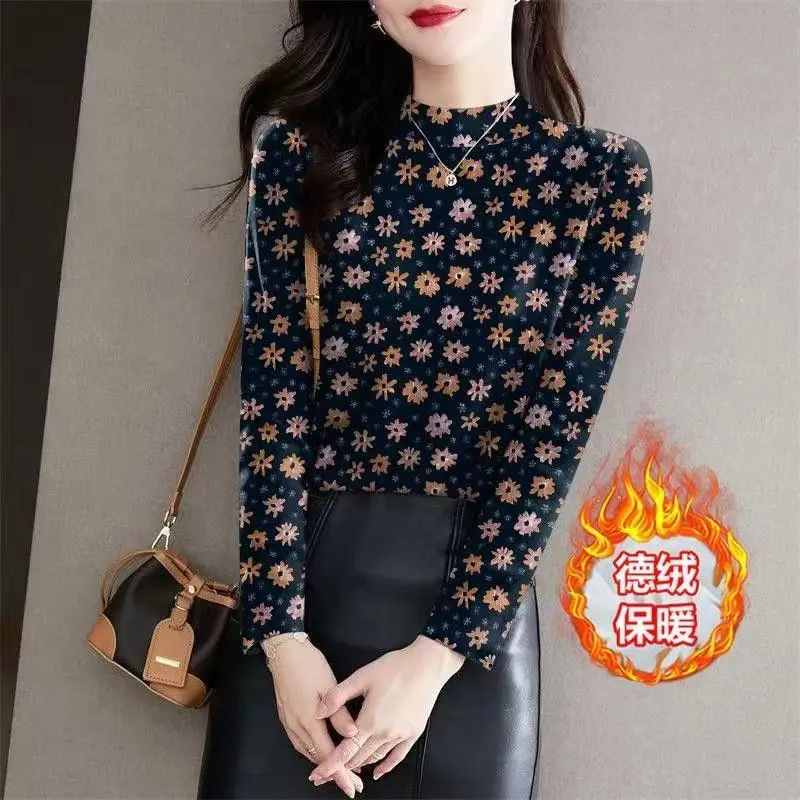 Mock Neck Floral Fleece Bottoming Shirt Women Autumn Winter Fashion Slim Long Sleeve T-Shirt Elegant All-match Printing Tops
