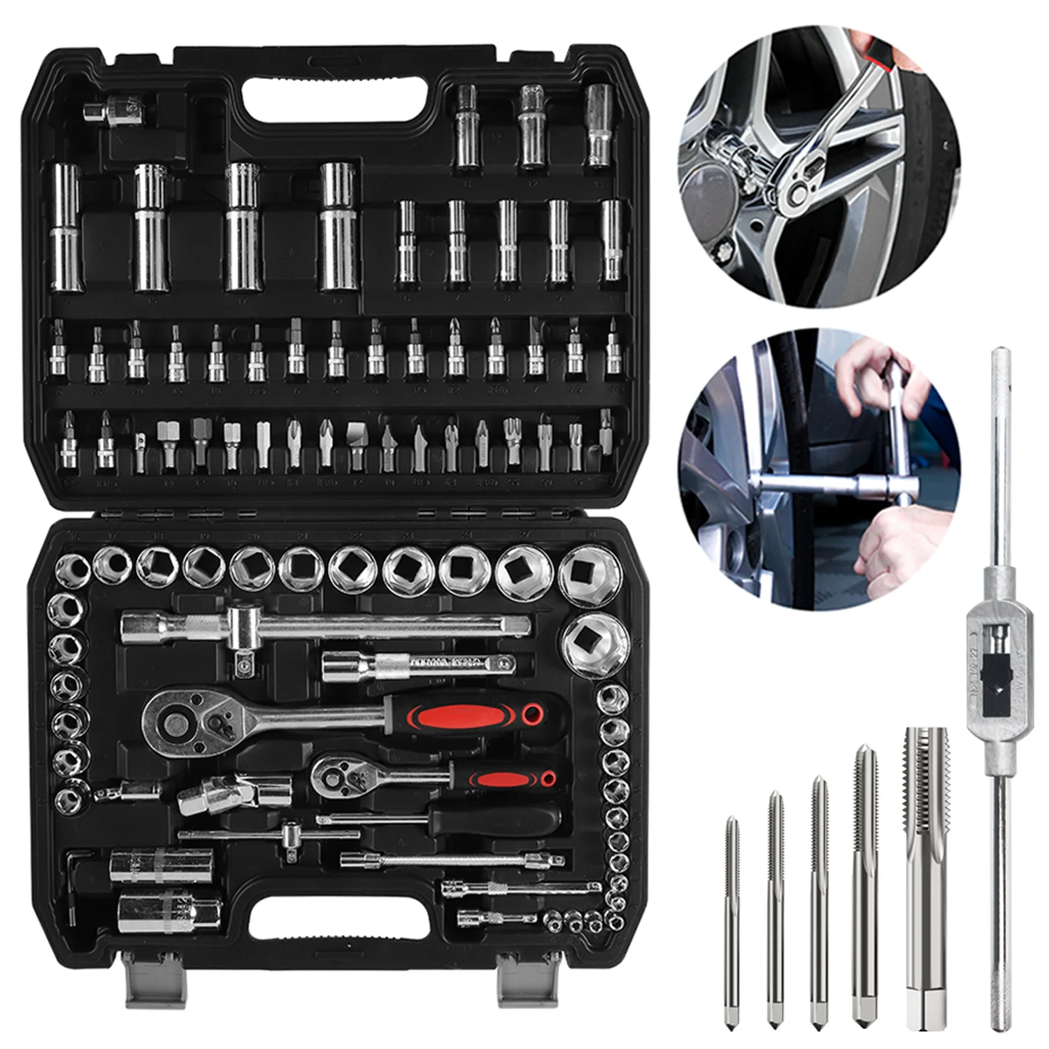 Image of 94-teiliger Ratschen-Nockenschlüssel-Satz mit M3/M4/M5/M6/M8-Gewindebohrern, Autoreparatur-Werkzeugsatz, Ratschen-Drehmomentschlüssel-Kombi-Kit, Ratschenschlüssel, Schraubendreher-Bits, Handwerkzeug