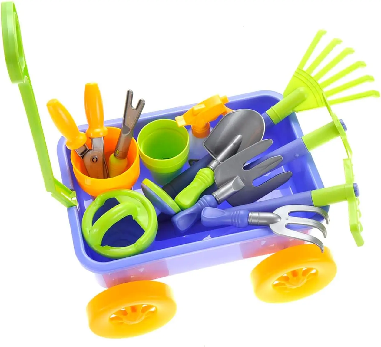 2 Sätze Garten wagen & Gartengeräte Outdoor-Spielzeugset für Kinder | 8 Werkzeuge, 4 Pflanzen töpfe, Wasser eimer und Spray | auch toll für