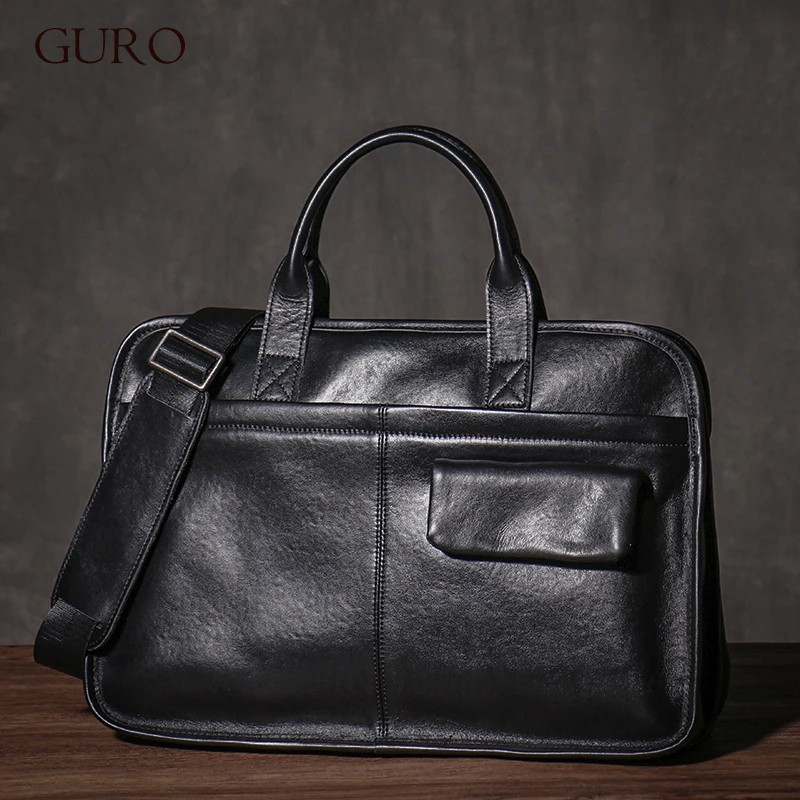 GURO Men Luxury Design Genuine Leather Handbag Travel Business Briefcase Natural Cowhide Casual Shoulder Bags For 16 Inch Laptop