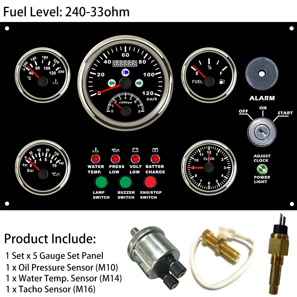 Multifunction 5 Gauge Panel with 0-120km/h GPS Speedometer + Tachometer Fuel Level Water Temp. Oil Pressure Clock 300*190 mm 12V