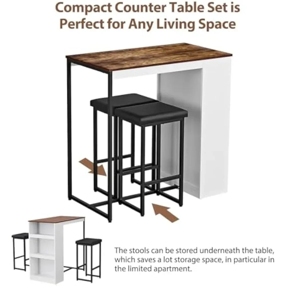 3 Piece Dining Table Set, Kitchen Bar Table with Two Stool Storage Shelves, Wood Counter Height Table Top with Sew Kerf Finish