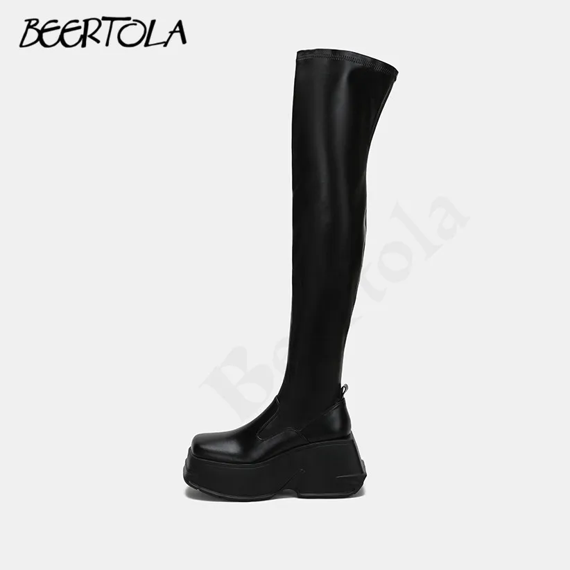 

Women's Over-The-Knee Elastic Boots Thick Soles Slimming and Tall Black Long Boots Thick Wedge Heels Fashionable Knight Boots