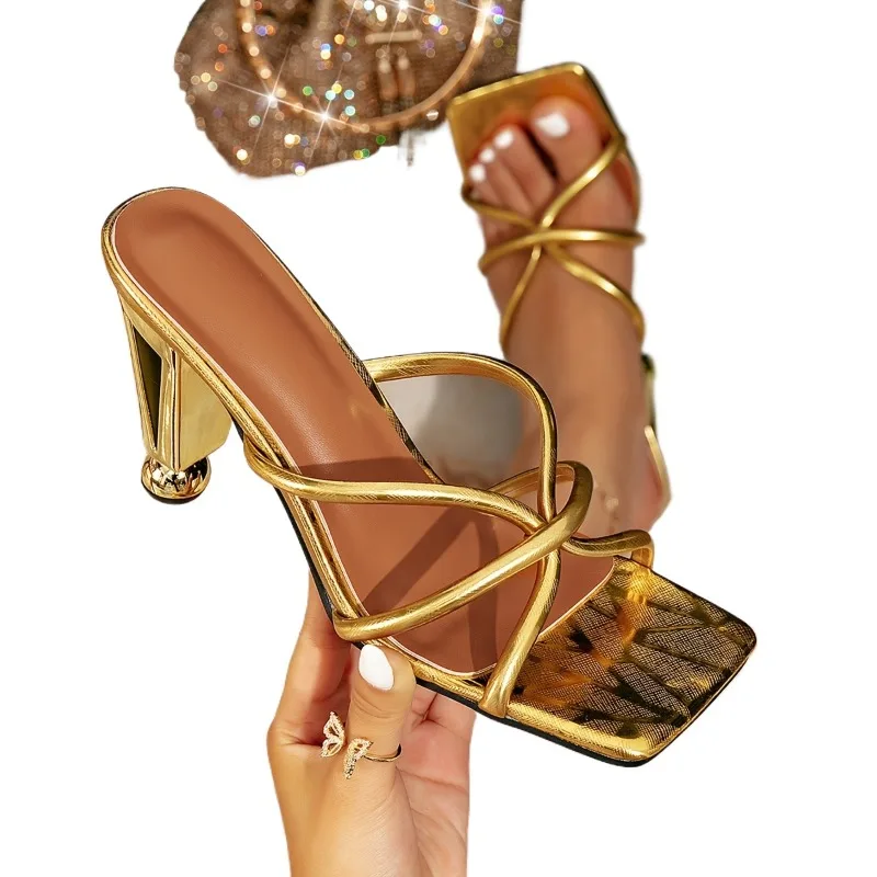 

Golden Fashionable Women's Heels Shoes High - Heeled Women's Shoes Thin - Heeled Pointed - Toe Simple Sandals