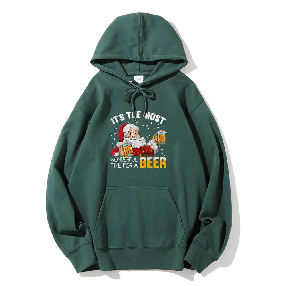 Joyful Santa Claus It\'s the Most Wonderful Time For A Beer Casual Hoodie Sweatshirt Long-Sleeve Top Merry Christmas Sweater