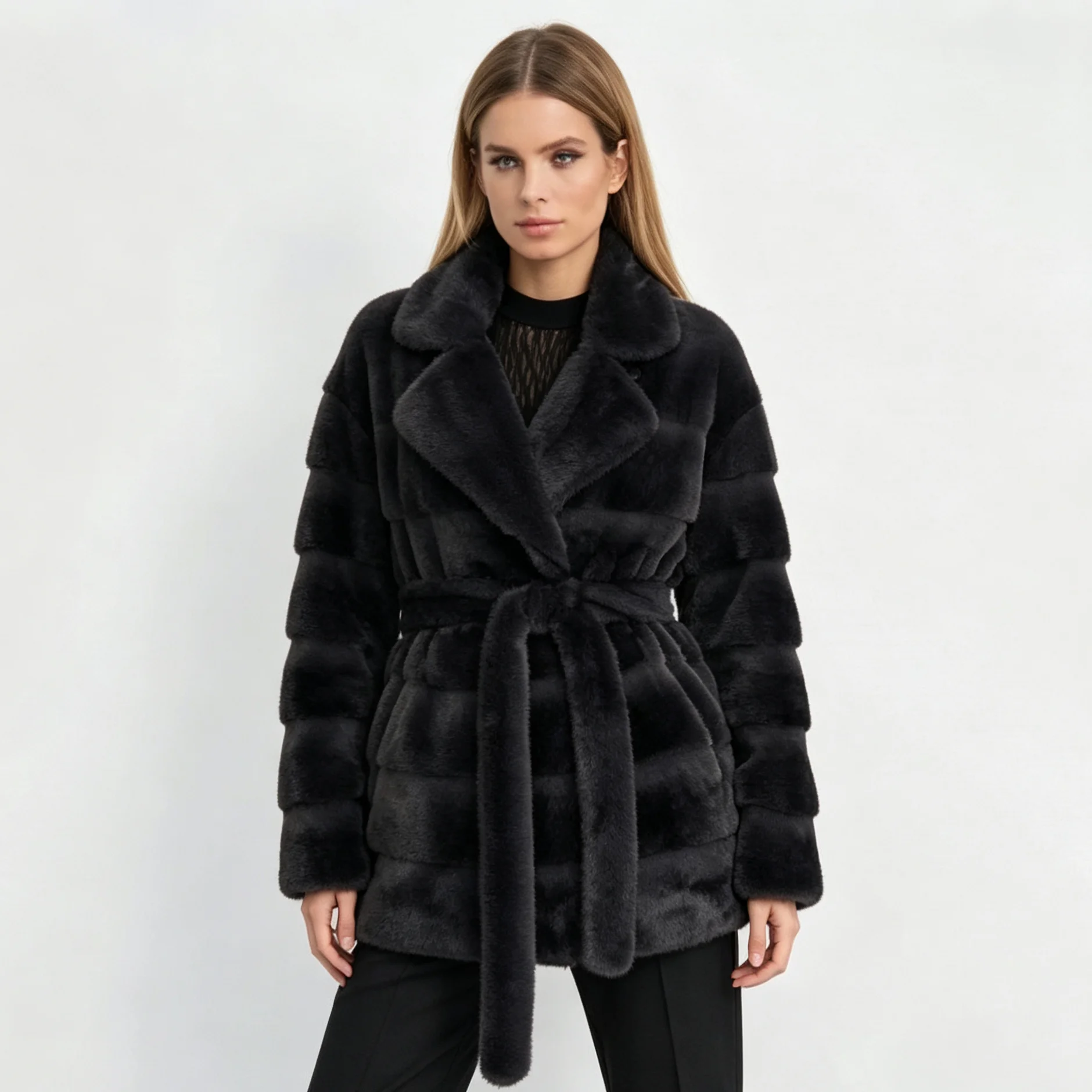 IG 2026 Women Faux Fur Coat Belted Waist Long Sleeve Striped Plush Warm Outerwear Autumn Winter Overcoat
