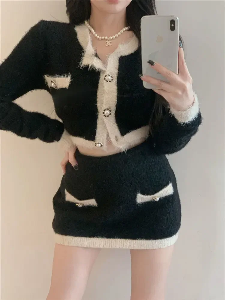 

Французский винтажный элегантный Y2k вечерний вязаный кардиган куртка + мини-юбка женская повседневная одежда в корейском стиле 2025