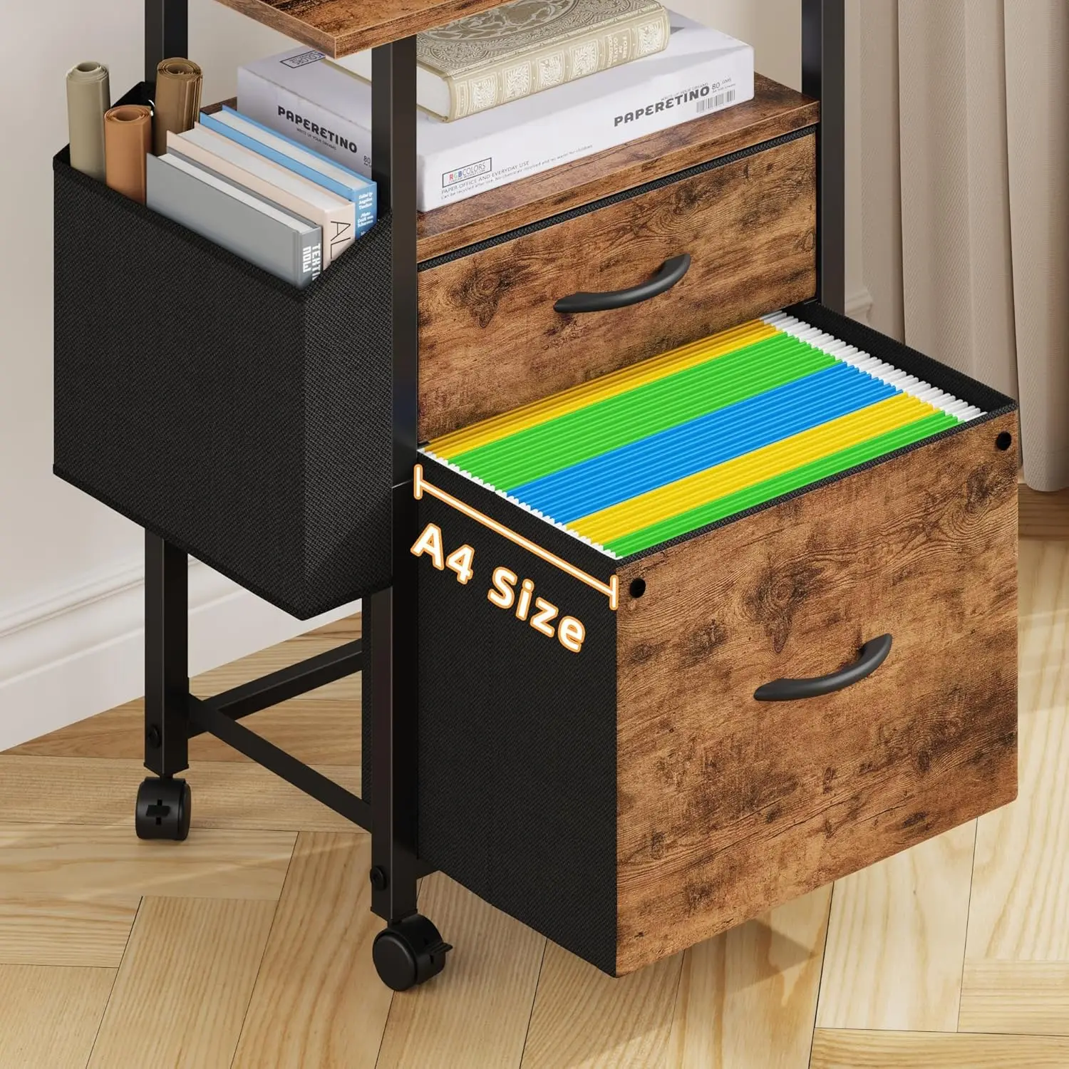 خزانة ملفات ذات درجين مع سطح مكتب ممتد، وخزانة ملفات متدحرجة، باللون البني الفاتح