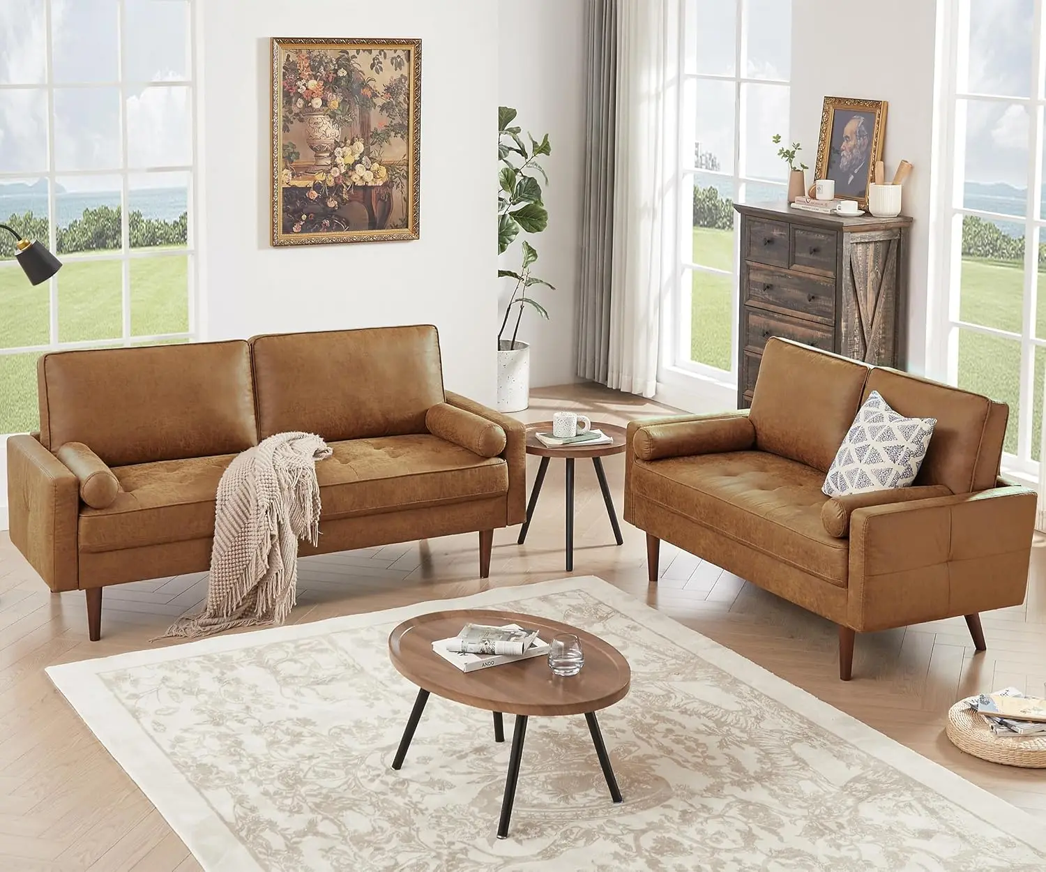 

Sofa Couch Set for Living Room, Mid Century Modern Faux Leather Sofa with Deep Love Seat & Fluffy Cushion, Living Room Furniture