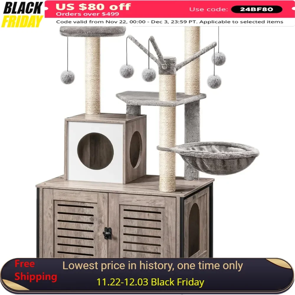 Cat Tree with Litter Box Enclosure & Scratching Posts for Indoor Cats, Detachable Teaser Sticks,Cat Condo with Hammock