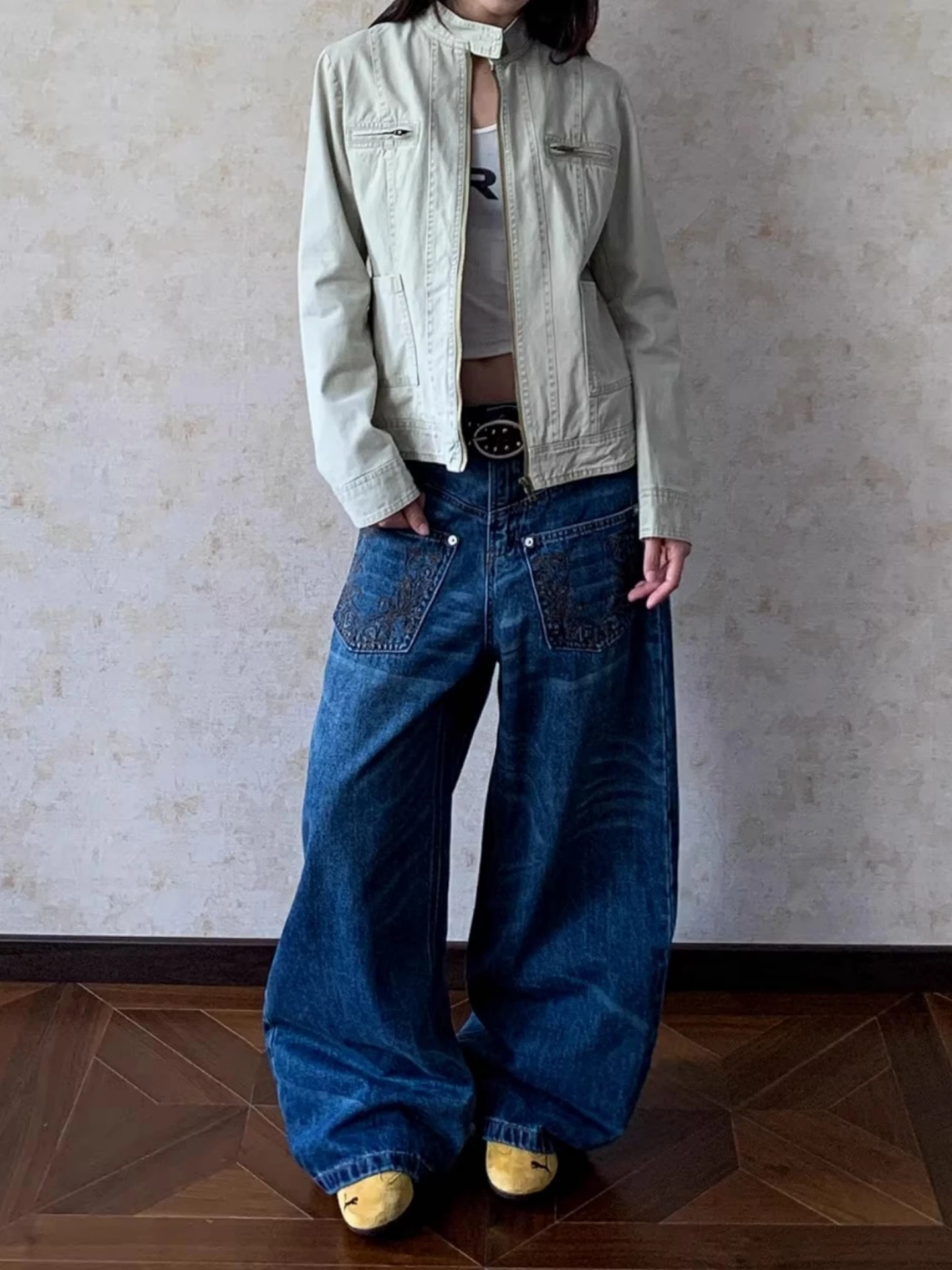 

Женские джинсы с высокой талией и широкими штанинами, с вышивкой, в американском стиле, уникальный дизайн, длинные брюки