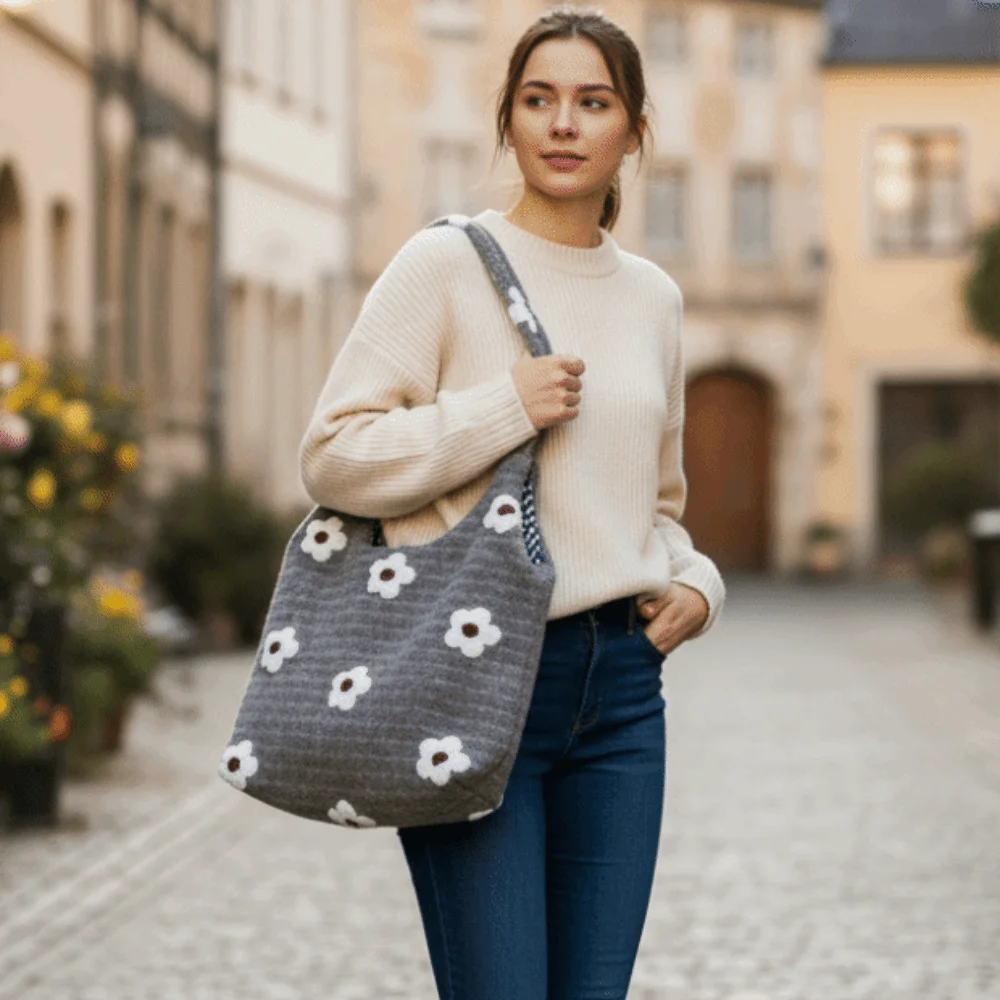 

Fashion Cusual Embroidery Flower Tote Bag Sweet Love Heart Underarm Bag All-match Soft Fluffy Shoulder Bag Autumn/winter