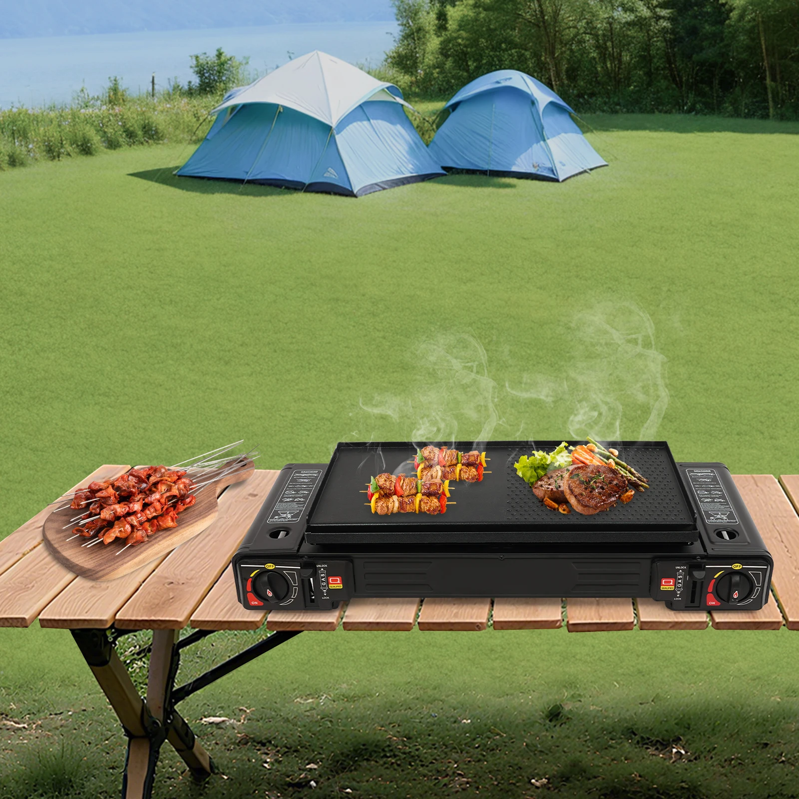 Réchaud de camping portable 2 brûleurs au butane/GPL, cuisinière à gaz d'extérieur avec plaque de cuisson et étui de transport, allumage piézoélectrique pour pique-niques, camping, terrasse, randonnée