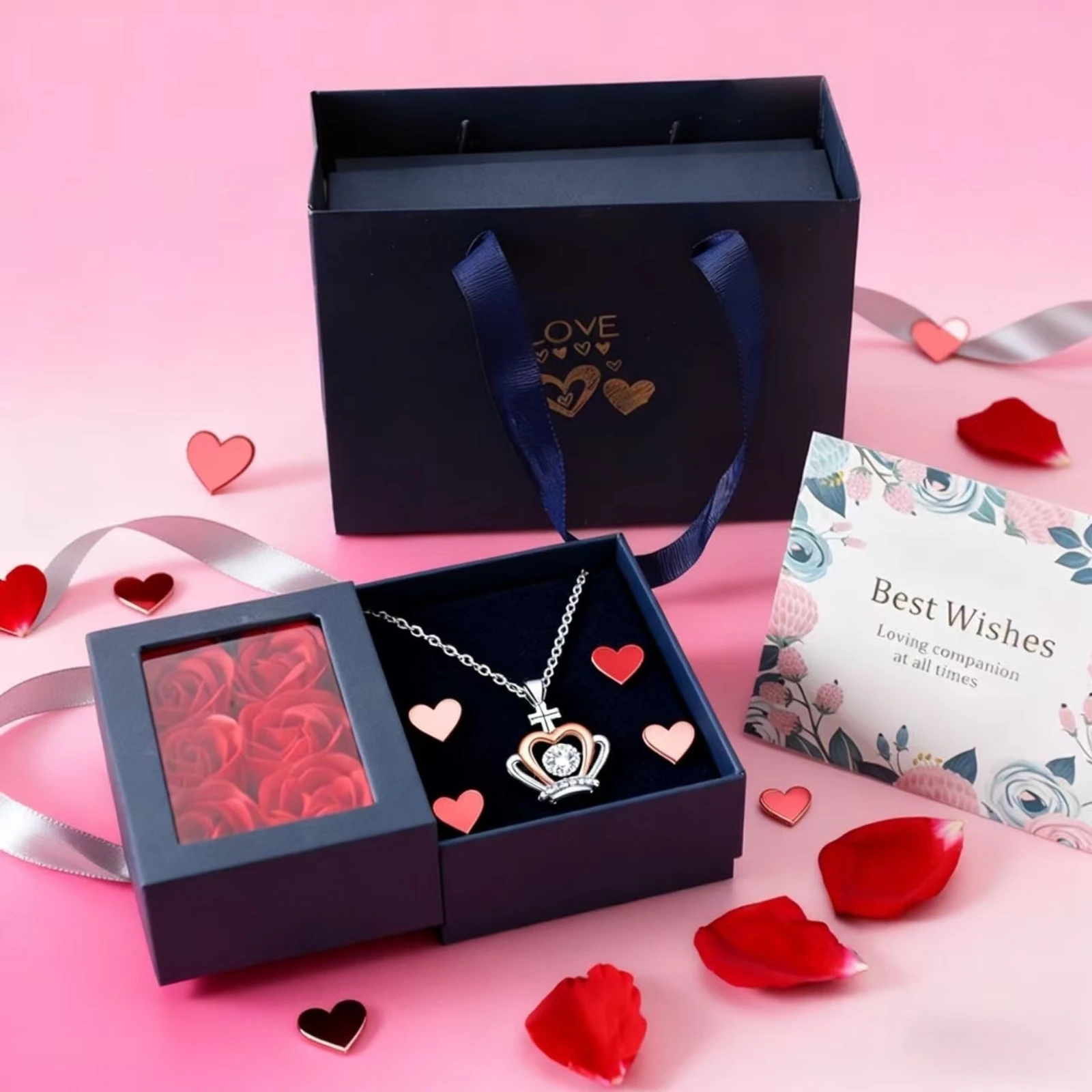 مجموعة قلادة التاج الوردي الأنيقة | 6 ورود + قلادة التاج + علبة هدية بطاقة تهنئة | مجموعات هدايا مجوهرات راقية أنيقة #1
